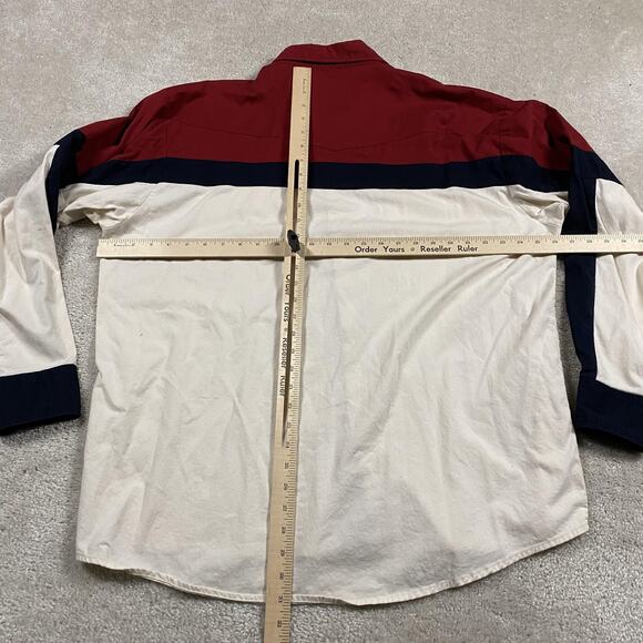VTG Wrangler Western Shirt Mens XL Red Blue White Colorblock Pearl Snap Cotton - Picture 4 of 7